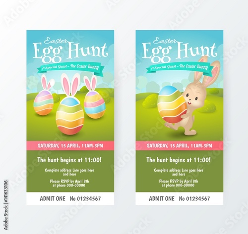Set of cute tickets for Easter Egg Hunt with colored eggs and cute bunny in fields. Vector template for invitations and greeting cards design with cartoon spring scene. Isolated from the background.