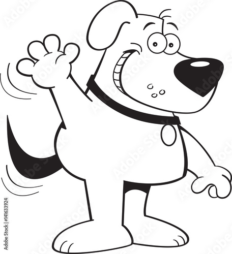 Black and white illustration of a dog waving.