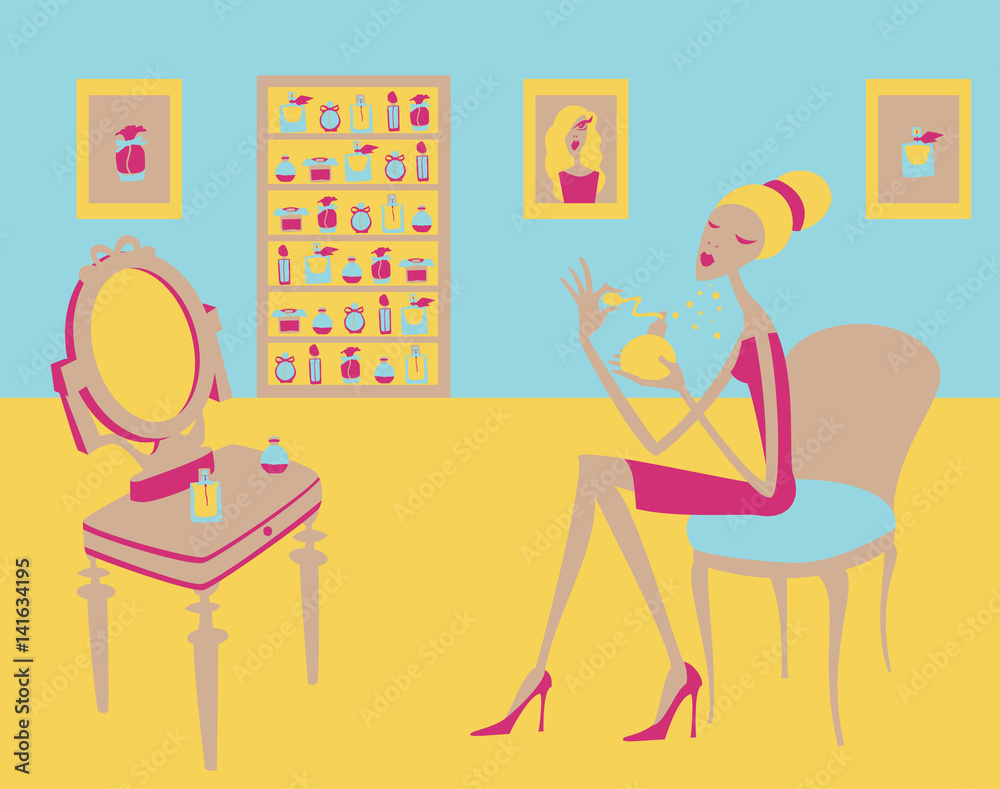 Φωτογραφία Illustration of young woman sitting on the chair using perfume