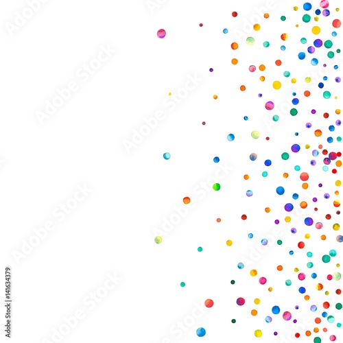 Dense watercolor confetti on white background. Rainbow colored watercolor confetti scatter top gradient. Colorful hand painted illustration.