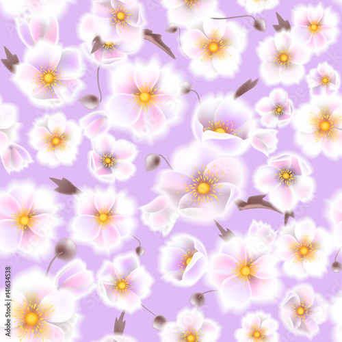 Seamless soft pattern with anemones, small flowers and brown twigs in vintage watercolor style, vector illustration.