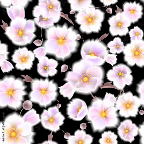Seamless soft pattern with anemones, small flowers and brown twigs in vintage style, vector illustration.