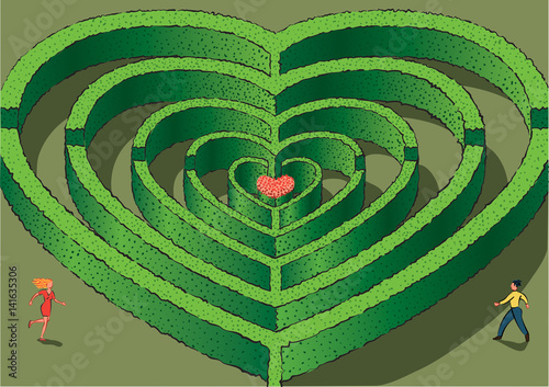 Maze in the shape of concentric hearts, with the center a flowering bush.