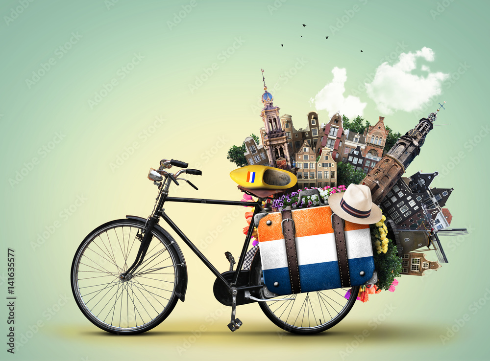 Naklejka premium Holland, a city bicycle with Dutch attractions