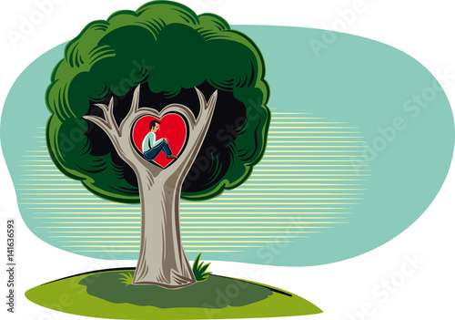 Man sitting in the branches of the tree of love in a heart shape.