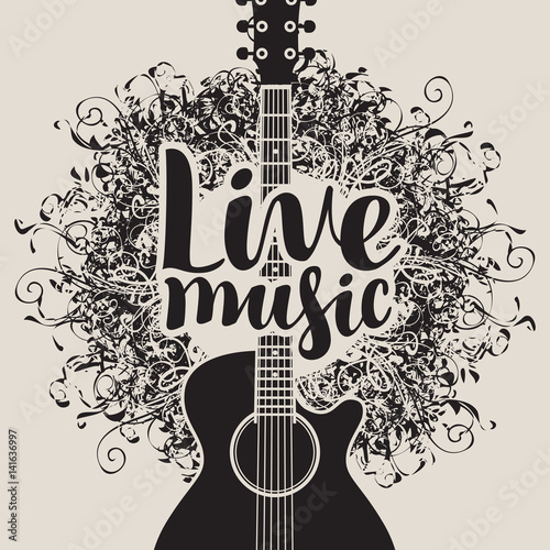 banner with acoustic guitar and inscription live music on arts background