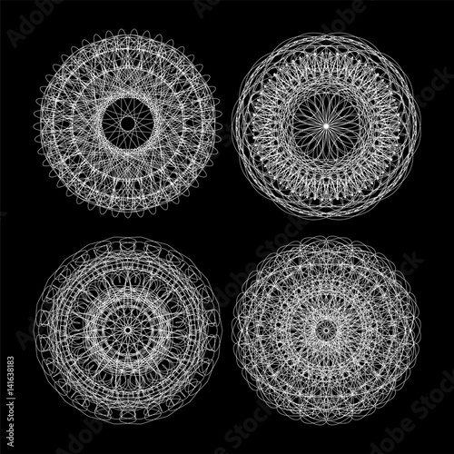 Guilloche set. Black and white circle lace ornament, round ornamental geometric pattern
