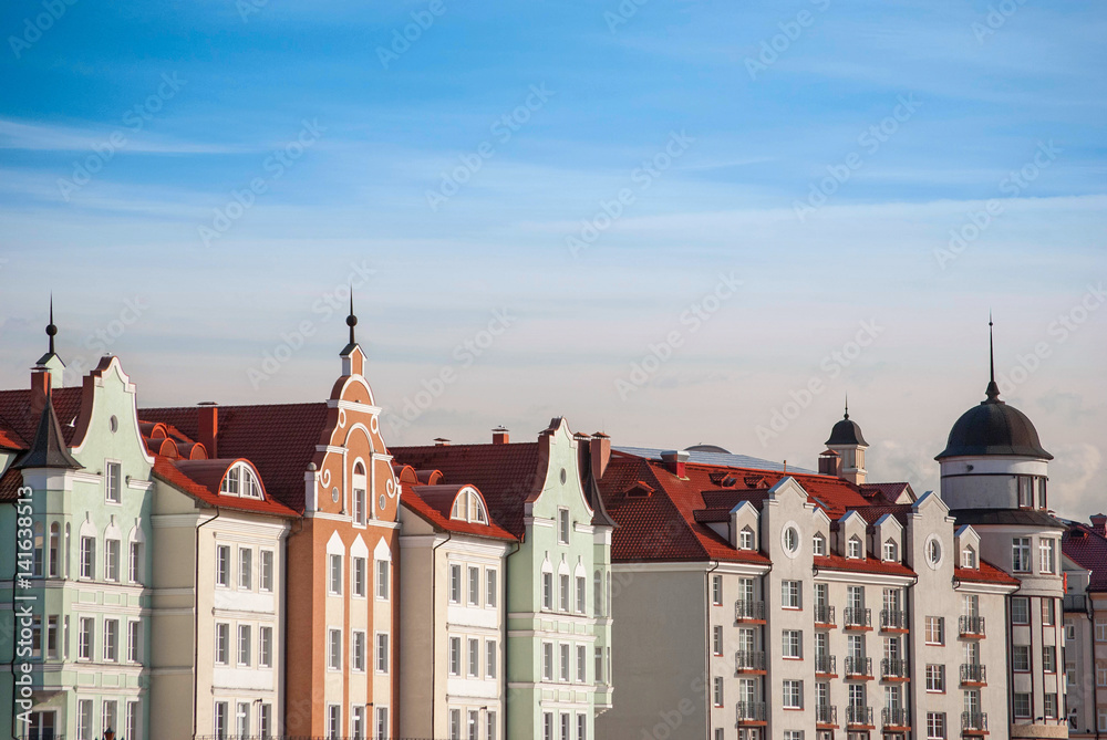 Old European roofs and colored facades of vintage houses in Kaliningrad