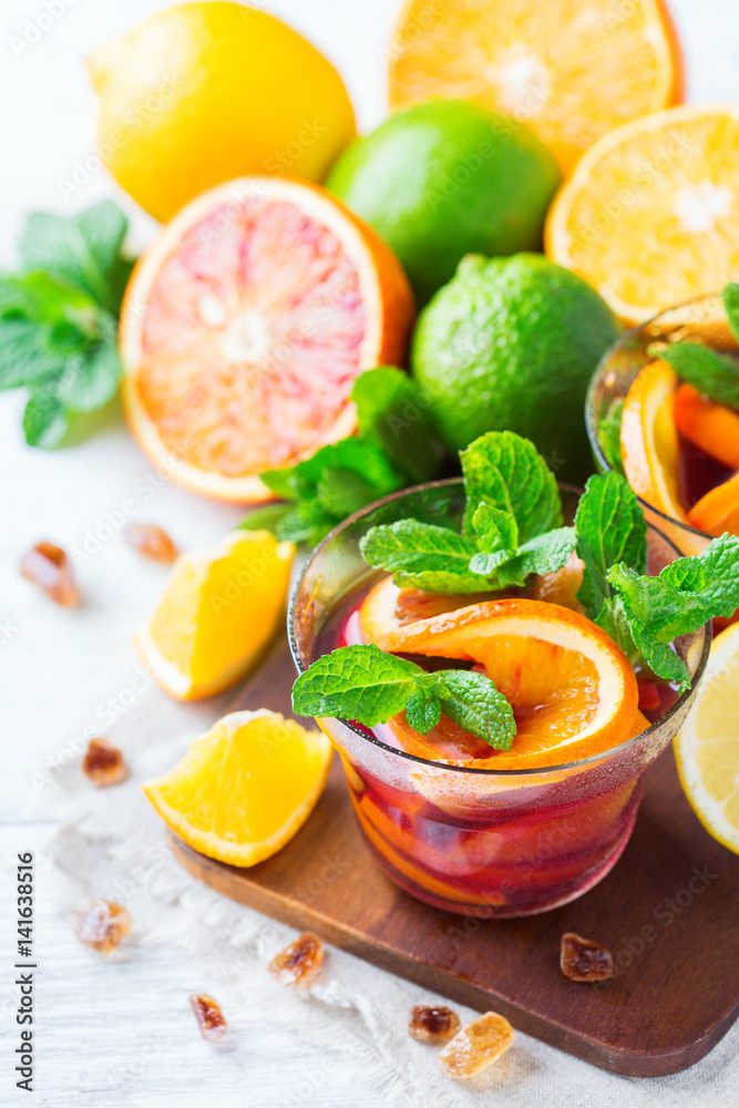 Citrus fruit summer fresh lemonade, infused water detox drink cocktail