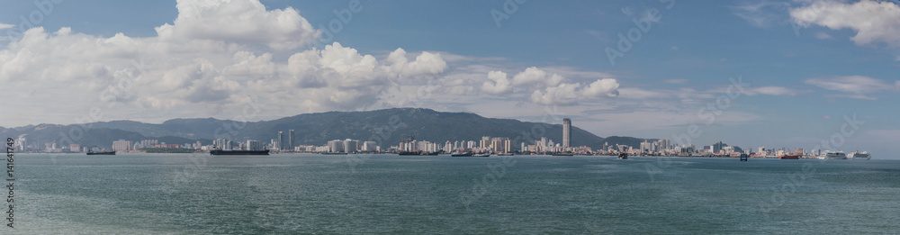 George Town Panorama City Scape that Viewed from Ferryboat at Penang, Malaysia.