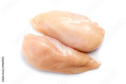 Two raw chicken breasts on a white background