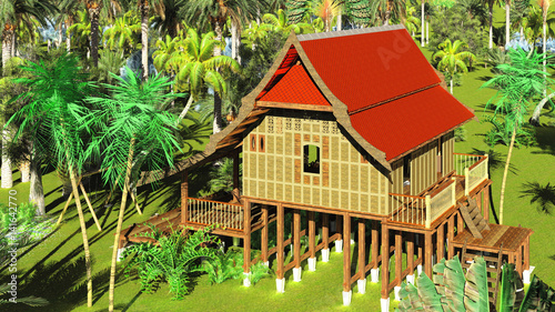Thai style wooden hut 3d rendering