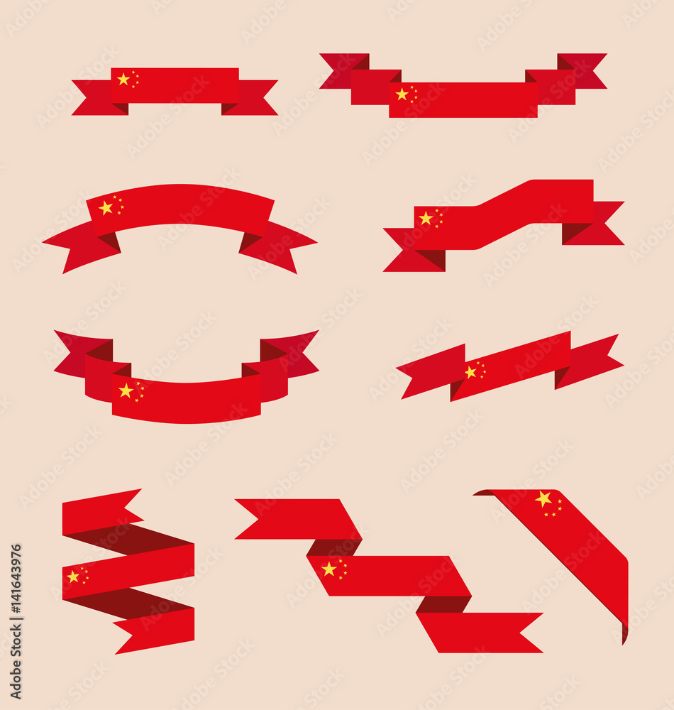 Vector set of scrolled isolated ribbons or banners in colors and with symbols of Chinese flag.