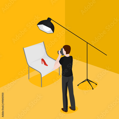 Flat isometric man taking pictures of shoes. Advertising photographer and shooting table in photostudio.