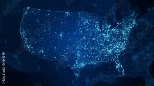 Global Blue USA Map Loop. USA map with visual effects and glowing connections in different places on the map.