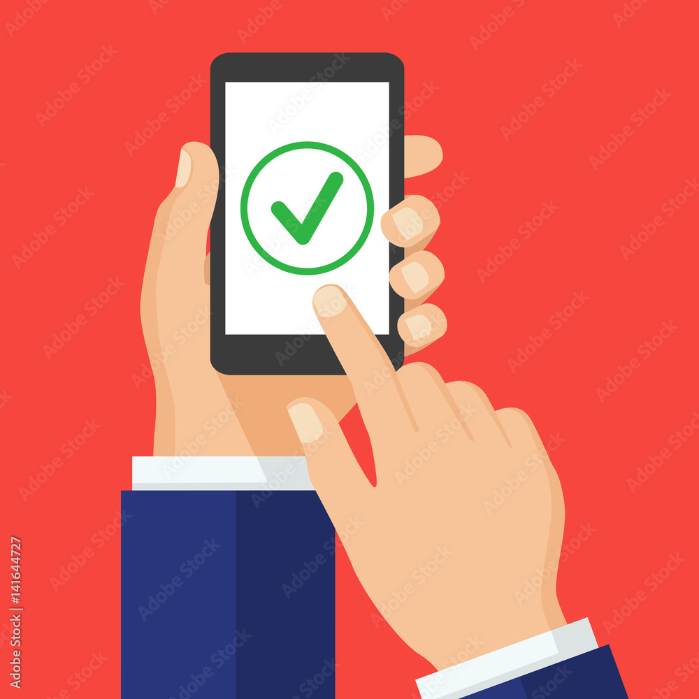 Green check mark icon on smartphone screen. Green check mark icon on smartphone screen.