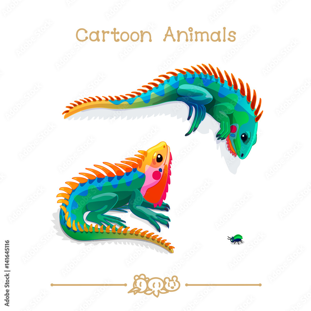 Naklejka premium Toons series cartoon animals: multicolored iguanas and bug