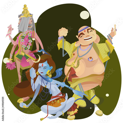 Set of isolated hindu gods meditation in yoga poses lotus and Goddess hinduism religion, traditional asian culture spiritual mythology, deity worship festival vector illustrations, T-shirt concepts