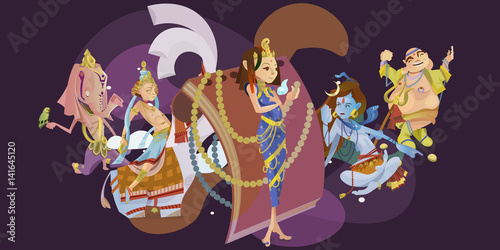 Set of isolated hindu gods meditation in yoga poses lotus and Goddess hinduism religion, traditional asian culture spiritual mythology, deity worship festival vector illustrations, T-shirt concepts