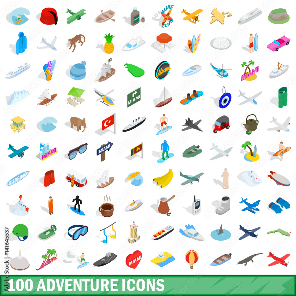 100 adventure icons set, isometric 3d style