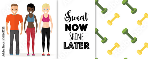 Healthy lifestyle flat vector illustration, Afro American and caucasian team of young man and women standing in sport clothes. Motivational quote text and dumbbell pattern.