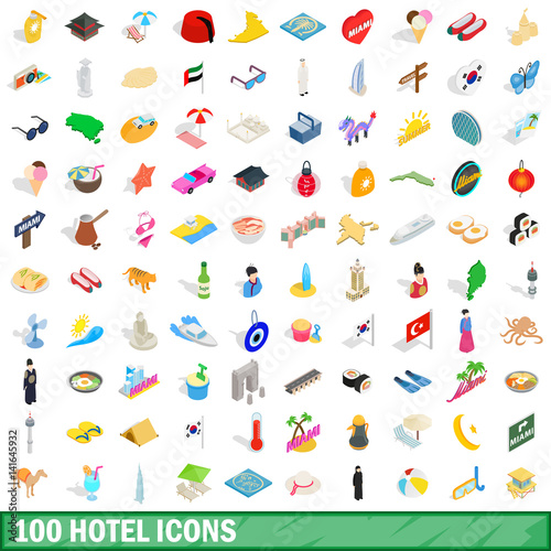 100 hotel icons set, isometric 3d style
