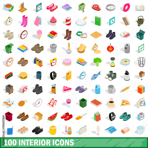 100 interior icons set, isometric 3d style