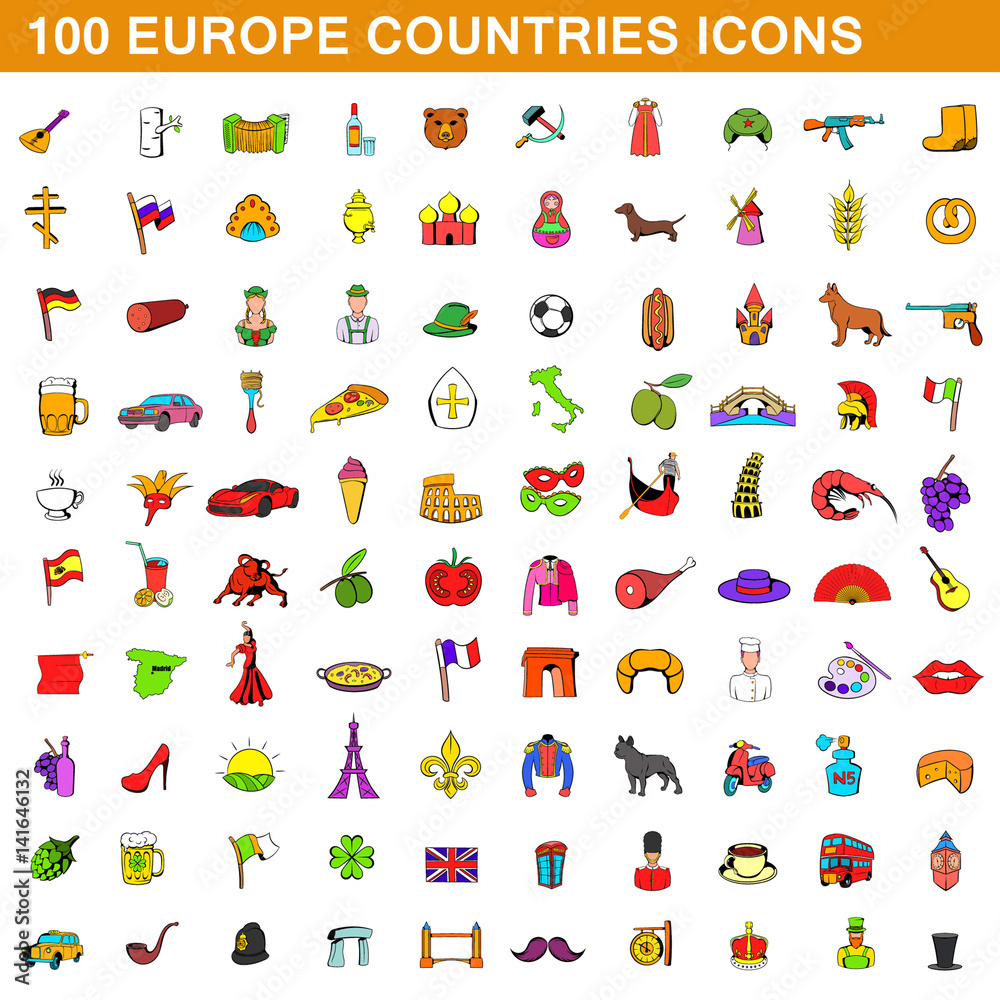 100 europe countries  icons set, cartoon style