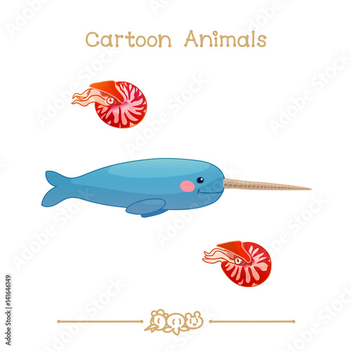 
Toons series cartoon animals: narwhal male whale & nautilus pompilius