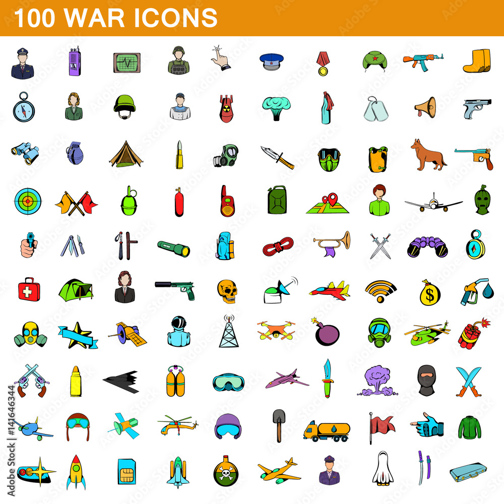 Fototapeta premium 100 war icons set, cartoon style