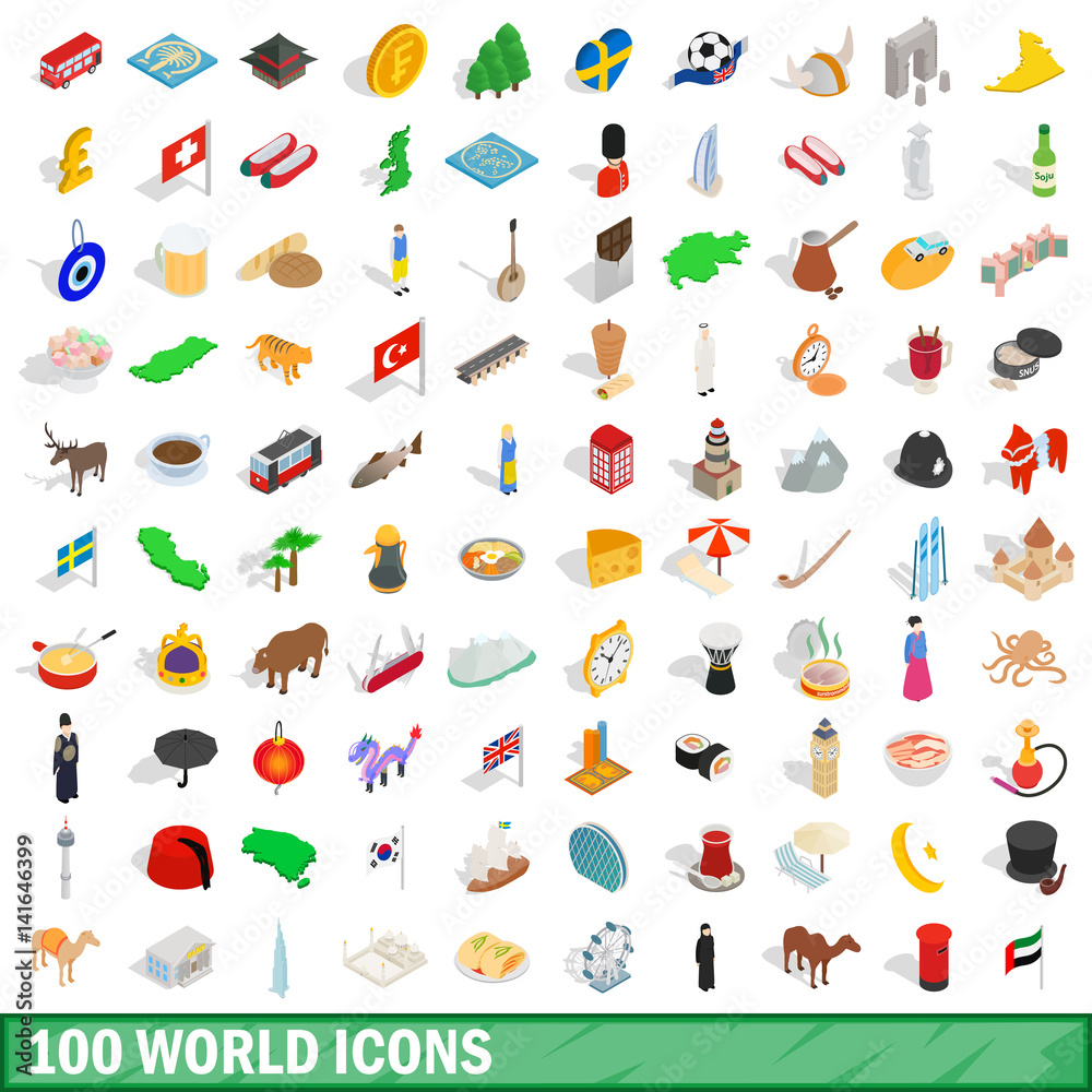100 world icons set, isometric 3d style