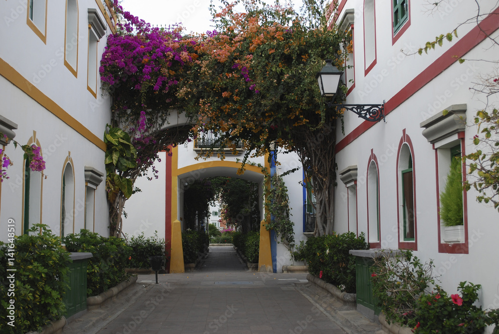 White houses and bridges with bougainvillea flowers in the evening time. Street view, Puerto de Mogan, Gran Canaria, Spain. 