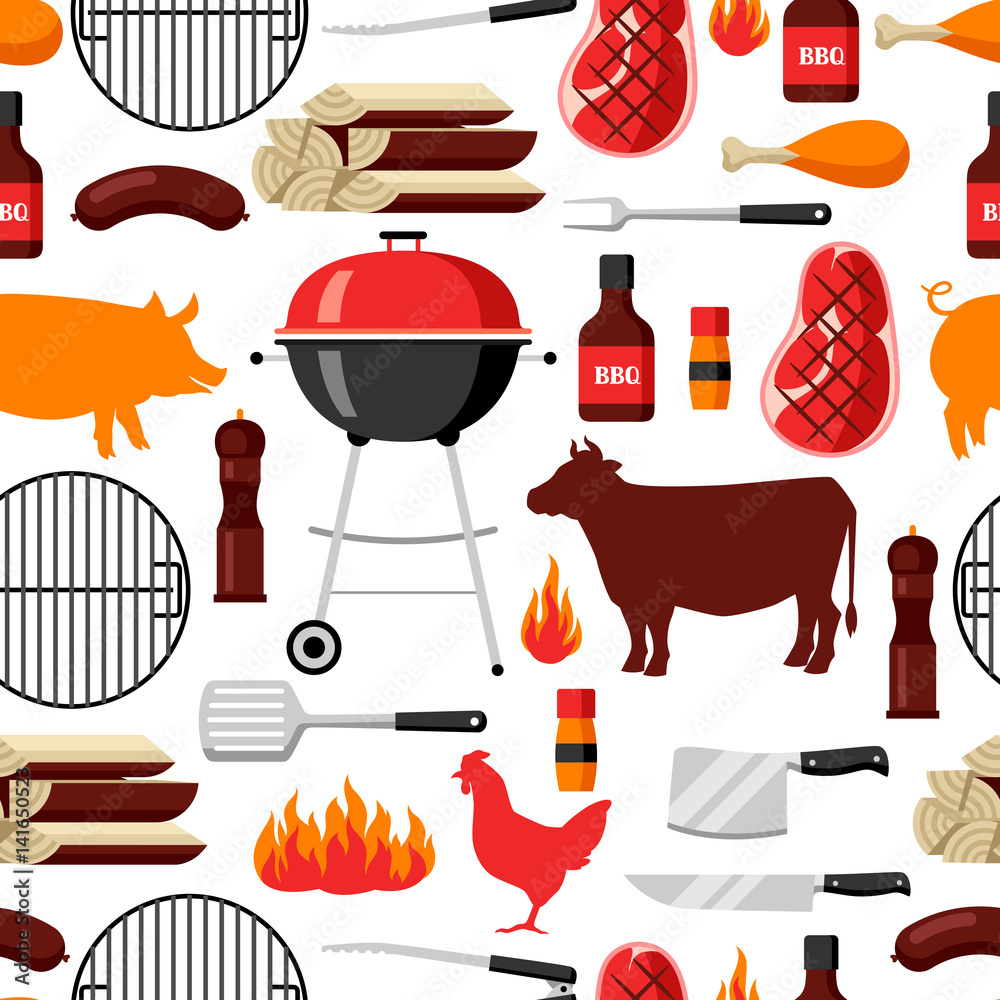 Bbq seamless pattern with grill objects and icons