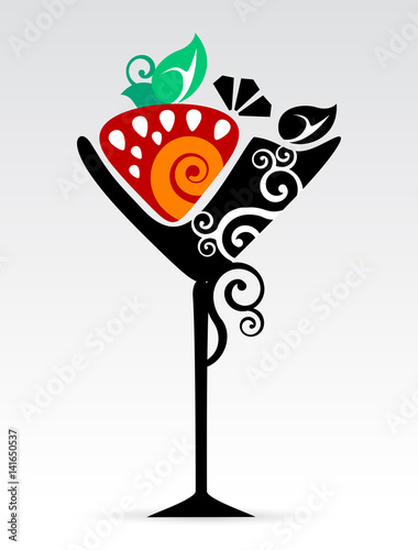 Happy hour cocktail rossini con fragola e champagne in un bicchiere con foglie e decorazioni