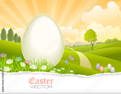 Easter eggs, meadows, flowers, grass, forest and a road to your destination. Vector Illustration