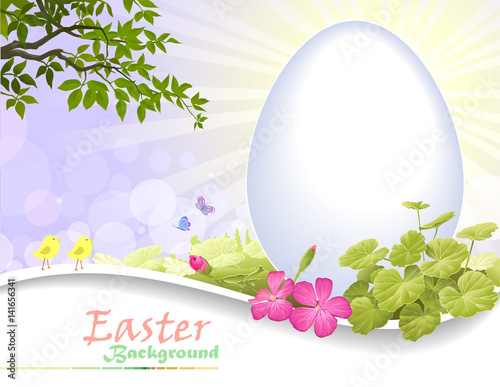 Easter egg, tree branch and plants. Vector Illustration