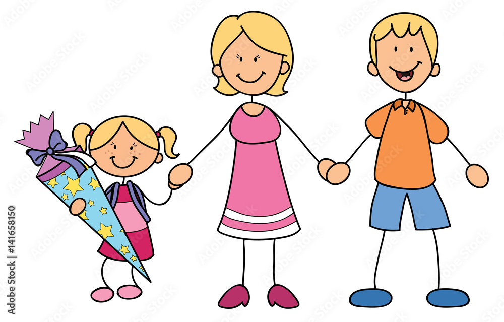 Mädchen mit ihren Eltern bei der Einschulung Vektor Illustration Mädchen mit ihren Eltern bei der Einschulung Vektor Illustration