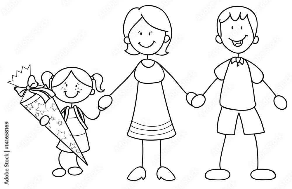 Mädchen mit ihren Eltern bei der Einschulung Vektor Illustration Mädchen mit ihren Eltern bei der Einschulung Vektor Illustration