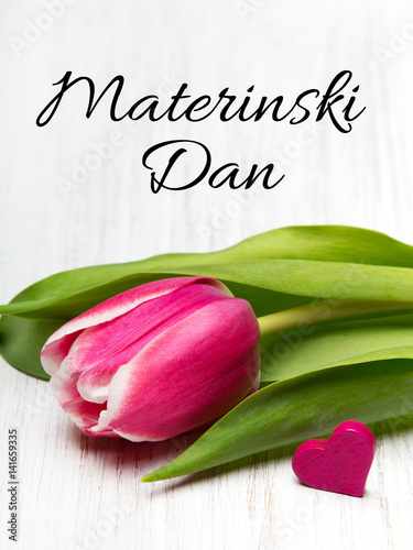 Slovenian Mother's day card with words Materinski Dan (Mother's Day), tulip flower and small heart on white wooden background