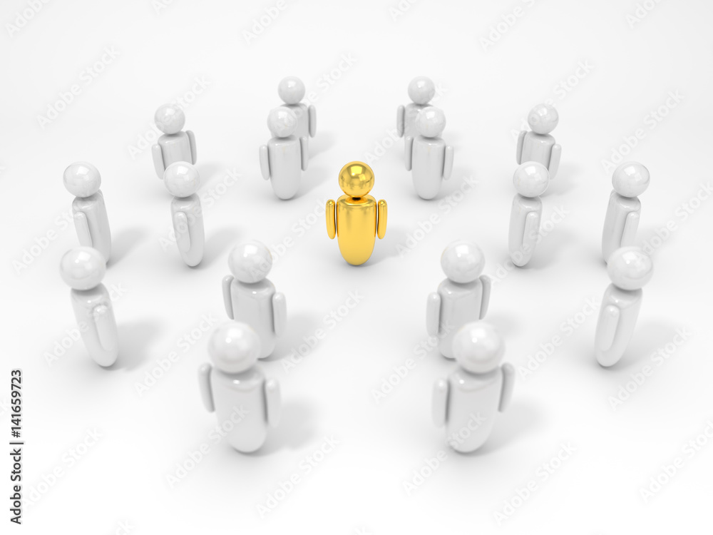 3d illustration of symbolic human figures surrounded one golden figure. 3d illustration of symbolic human figures surrounded one golden figure.