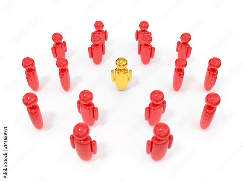 3d illustration of symbolic human figures surrounded one golden figure. 3d illustration of symbolic human figures surrounded one golden figure.