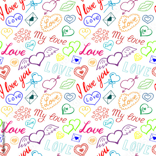 Seamless pattern of hearts and handwriting. valentines day