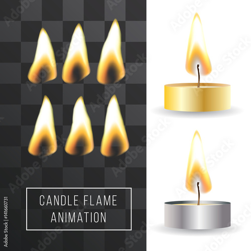 Vector wax candle flame animation on transparent background. Fire light effect.
