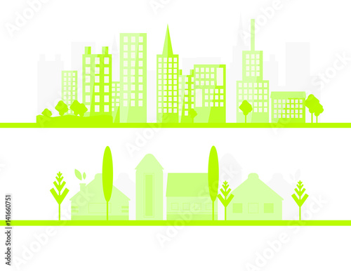 2 Green city silhouette in flat design. Eco illustration for banner