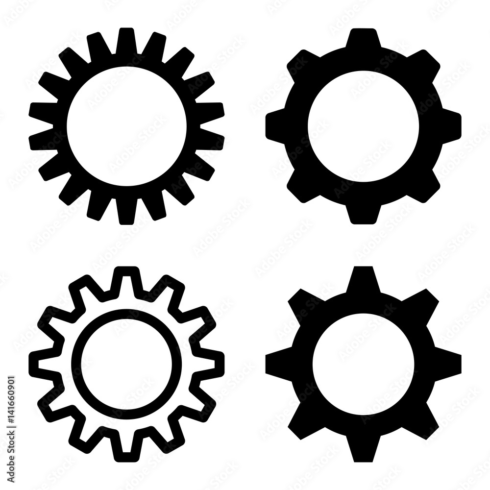 Gearwheel icon set. Flat black symbol collection. Pictograms are isolated on a white.