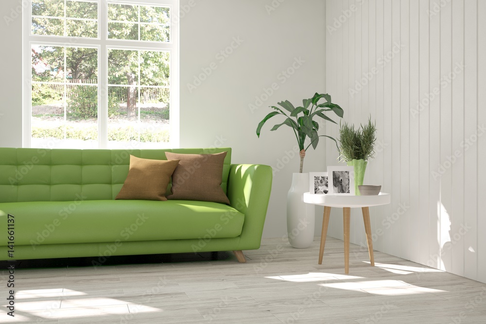 White room with sofa and green landscape in window. Scandinavian interior design. 3D illustration White room with sofa and green landscape in window. Scandinavian interior design. 3D illustration