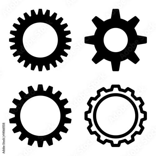 Cog icon set. Flat black symbol collection. Pictograms are isolated on a white.