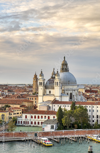 Venetian aerial view from the cruise ship which leaves the port of Venice (Venezia Terminal Passegeri Porto) with The church of Chiesa di San Geremia. Italy.