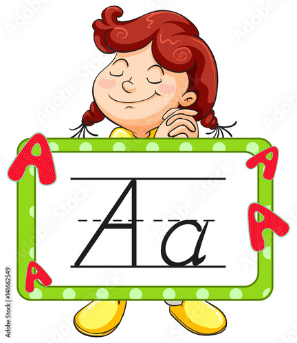 Happy girl and alphabet flashcard for letter A
