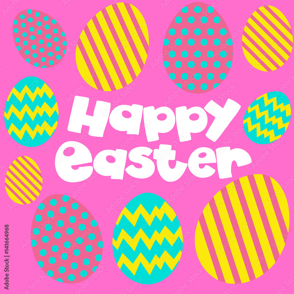 Happy Easter poster with eggs on pink background Happy Easter poster with eggs on pink background